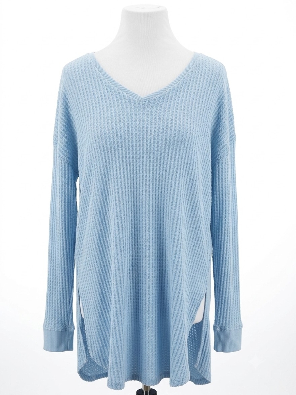 Altar'd State Light Blue V-Neck Waffle Knit Pullover